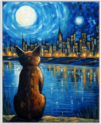 Produktbild von Wallario Wandbild Katze im Mondschein, Größe: 40,30 x 50,30 cm, Poster mit weißem Aluminiumrahmen