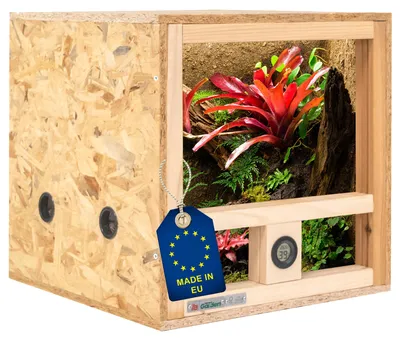Produktbild von ITA Mini Terrarium 40x40x40 cm mit Seitenbelüftung & Integriertem Hygrometer - Holzterrarium aus OSB-3 Platten - Terrarien für Reptilien, Schlangen, Amphibien - EU Produkt,