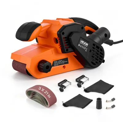 Produktbild von VEVOR 750W Bandschleifer Elektrischer Holzschleifer 7,6x53,3cm Bandgröße, 3,2-6,2m/s Drehzahlregelung, 10 Schleifbänder, 2 Staubbeutel, 3m Netzkabel, Staubsaugeradapter, 2-in-1 Hand- & Tischgerät