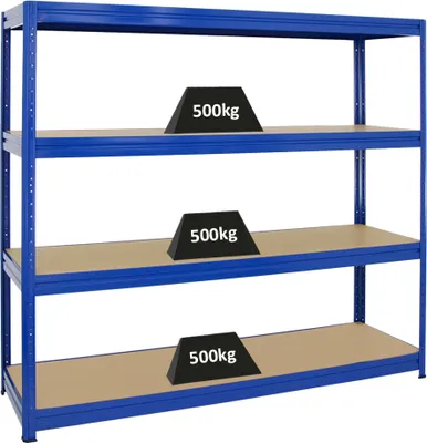 Produktbild von Schwerlastregal DINO | HxBxT 180x200x60cm | 4 MDF-Platten-Ebenen 6,5 mm | Fachlast 500kg | Blau