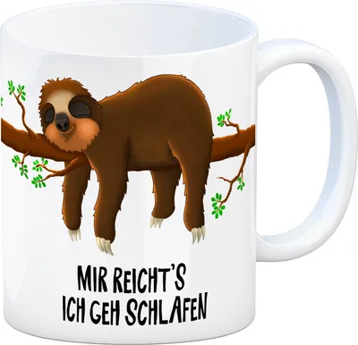 Produktbild von Kaffeebecher mit Faultier auf Baum Motiv und Spruch: Mir reicht's ich geh