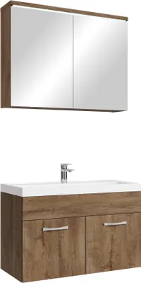 A bathroom vanity set with a mirrored cabinet above a sink and cabinet.