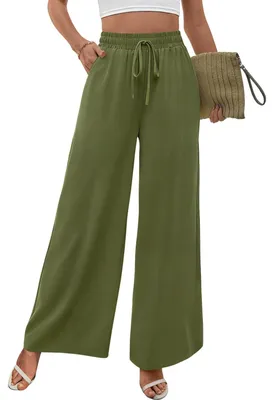 Productafbeelding van Hoge Taille Broek voor Vrouwen - Wijde Pijpen met Aansnoerkoord en Zakken - Groen