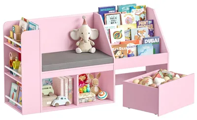 Obrázek produktu pro Dětská knihovna, regál na hračky – dřevěný regál s lavicí – úložné boxy na kolečkách – dřevěná deska – do dětského pokoje – růžová barva
