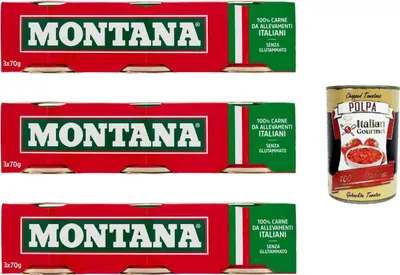 Produktbild von 3x Montana carne classica Rindfleisch in Aspik dose 3x70g 100% Italienisch Fleisch + Italian Gourmet polpa 400g