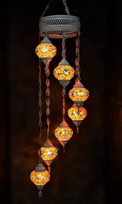 Produktbild von Hanglamp aus buntem Glas-Mosaik, orientalische Kronleuchter mit 7 Kugeln, handgemacht in Türkei, cremeweiß