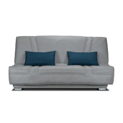 Produktbild von 3-Sitzer-Schlafsofa aus grauem Stoff + blauen Zierkissen 193 cm