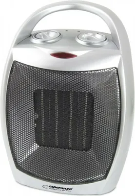 A silver and black ceramic fan heater is shown against a white background.