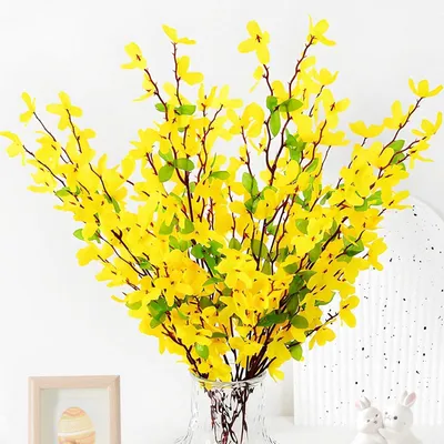 Imagen del producto de Ramas artificiales de forsitia con 7 tallos, flores amarillas, paquete de 5 unidades, decoración para el hogar