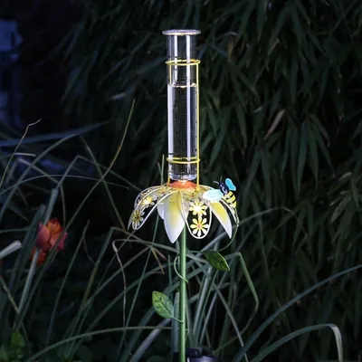 Produktbild von LED Solar Regenmesser mit Blume und Biene  - Gartenstecker - H: 84cm - Lichtsensor - gelb, grün