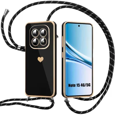 Image de Coque Silicone pour Xiaomi Redmi Note 15 5G/4G, Antichoc Motif Cœur avec Bandoulière Noire