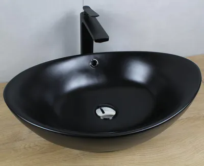 Produktbild von Keramik Waschbecken oval 590x380x190 schwarz matt mit Überlauf Aufsatzwaschbecken mit Pop-Up Ablauf chrom