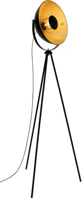 A black and gold tripod floor lamp.
