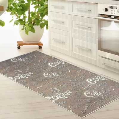 Produktbild von Küchenläufer Teppich beige waschbar mit „Coffee“ Schriftzug in weiß Größe - 67 x 180 cm