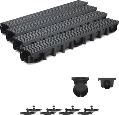 Produktbild von 4m Entwässerungsrinne für modulares System A15 98mm, komplett Stegrost Kunststoff, Schwarz Line