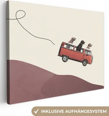 Produktbild von MuchoWow® - Leinwandbilder - Hund - Retro - Bus, Wandbild, Wanddeko Bilder Wohnzimmer, 120x90 cm
