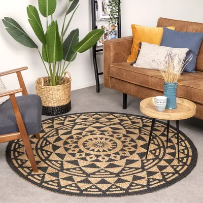 Produktbild von Volero - Jute Teppich Rund - Henna Maya Natur - Ø 180 cm - Wohnzimmer, Esszimmer, Schlafzimmer, Flur - Boho, Ländlich, Skandinavisch