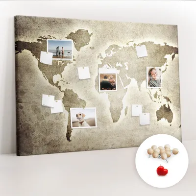 Obrázek produktu pro Korková nástěnka s kolíčky - Tabule s kolíky pro fotografie a poznámky - 140x100 cm - Připínáčky dřevěné 100 kusů - Mapa světa