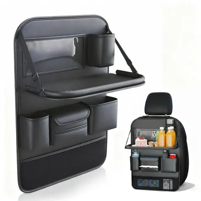 Produktbild von Auto Sitzlehnen Organizer - Sitzlehnen-Tasche - 3-in-1 - Klapptisch - Kunstleder - Aufbewahrungstaschen - Trittschutz - Schwarz