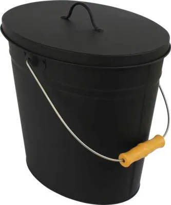 A black oval ash bucket with a lid and a metal handle with a yellow grip.