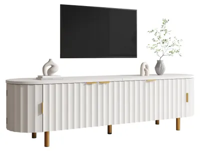 Zdjęcie produktu dla Szafka RTV Moonbite z 5 frontami z żłobieniami, biała, wymiary 170 cm, z zaokrąglonymi bokami i metalowymi uchwytami, szafka pod telewizor, płyta MDF, kolor biały