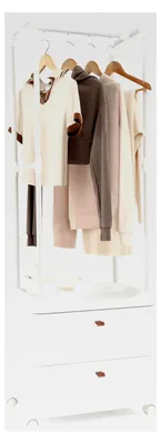Produktbild von Kleiderständer mit 2 Schubladen, weißer Garderobenständer mit feststellbaren Rollen, Mantelhalter mit Kleiderstange, Ablageflächen und 4 abnehmbaren Haken für Flur und Schlafzimmer 52 x 40 x 161 cm