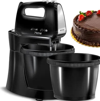 A black hand mixer with two bowls and a chocolate cake are shown.