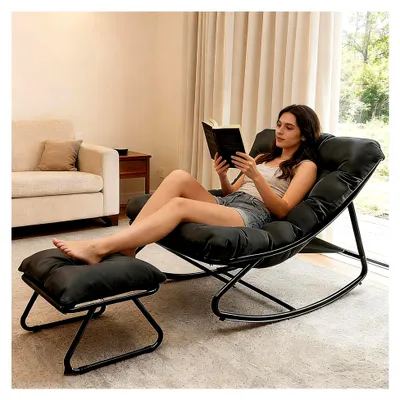 Produktbild von Schaukelstuhl mit Hocker, Relaxstuhl für Wohnzimmer und Outdoor, bis 150 kg, für Balkon und Garten (Grau, 100T x 77B x 70H cm)