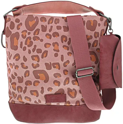 A pink leopard print handbag with a burgundy base and strap, and a small attached pouch.