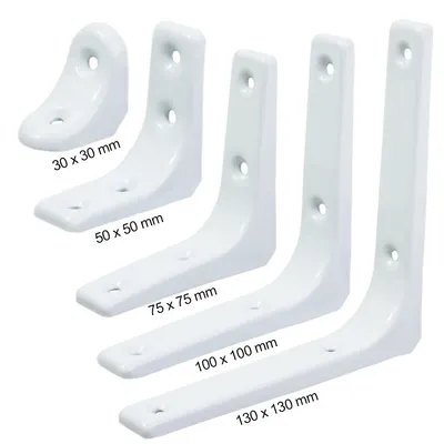 A collection of white shelf brackets of varying sizes, displayed on a white background.