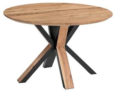 Produktbild von Esstisch rund 105 cm, KIMBERLY, Akazienholz massiv natur, Schweizer Kante, Metall- Holzgestell, Industrial Design