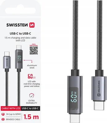 Zdjęcie produktu dla SWISSTEN Kabel do ładowania z wyświetlaczem LCD USB-C / USB-C 1,5m 60W PD