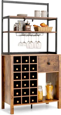 Image de Armoire de cuisine - Buffet - 160 cm - 4 niveaux - Porte-verres à vin - Autonome - Casier à bouteilles - Kaki foncé