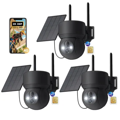 Produktbild von 3 Stück 4G LTE Überwachungskamera Aussen Solar Akku mit SIM Karte Kabellos IP Kamera Outdoor Ohne WLAN 360° PTZ mit PIR Erkennung Farb-Nachtsicht