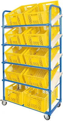 Produktbild von Schrägbodenwagen, 5 Ebenen, 2 Lenk- + 2 Bockrollen, 10 Kisten,600x400x240mm,gelb