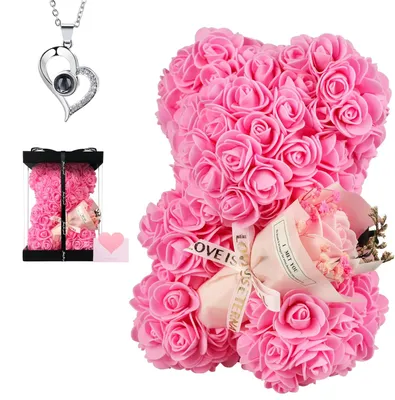 Rosa Bär mit Kunstrosen, 25 cm, Geschenkbox, Valentinstag