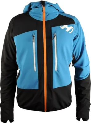 A studio shot of a blue and black cycling jacket with an orange zipper.