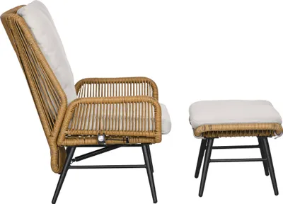 Produktbild von Polyrattan Gartenstuhl und Hocker, verstellbare Lehne, Hellbraun/Grau/Schwarz