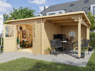 Produktbild von Gartenhaus Blockbohlenhaus CA2976 28 mm naturbelassen mit 2 m Anbau
