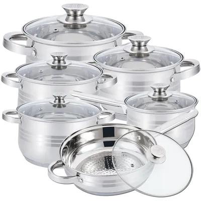 12-tlg. Kochtopf-Set Edelstahl, induktionsgeeignet, Spiegelpolier