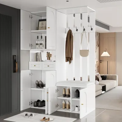 Image de Ensemble de meubles de rangement comprenant une armoire à chaussures, un banc, une armoire murale et un miroir – 4 crochets, 6 portes, 2 tiroirs, blanc. Dimensions : L110 x H180 x P37 cm