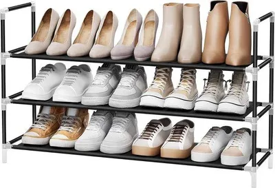 Produktbild von Famanu Schuhregal 3 Ebenen Schuhaufbewahrung für Flur - Metallrahmen - Vliesstoffregale - Schwarz