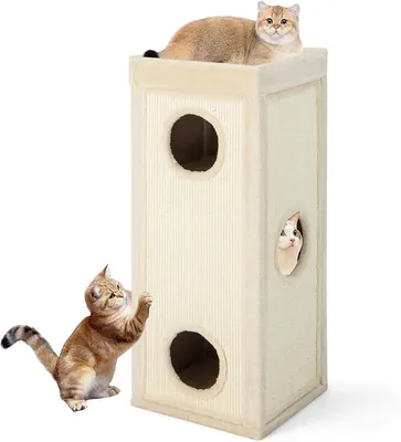 Imagen del producto de Árbol rascador de 4 niveles para gatos, con rascador, 3 escondites y cojines, ideal para gatos de hasta 25 kg. Casa para gatos, mueble rascador, dimensiones: 40 x 40 x 99 cm (beige)