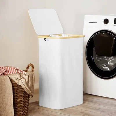 Image de Grande bac de lavage 110 L avec poignée en bambou, blanc, pliable