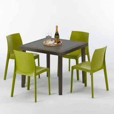 Image de Poly rotin Table carrée avec 4 chaises colorées 90x90 Brown Passion