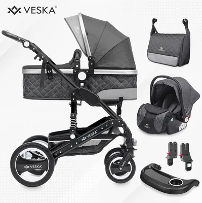 Produktbild von Kočárek VESKA® 3 v 1 včetně autosedačky, kočárku, joggeru s přebalovací taškou, moskytiéry, pláštěnky, hracího stolku, nánožníku na autosedačku, QuickFold, hliníkový rám - černý - antracit/antracit