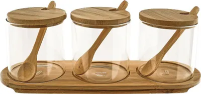 Immagine prodotto di Pratici contenitori in vetro con piano in legno, coperchio in legno e cucchiaio in legno