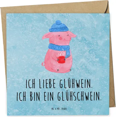 Produktbild von Mr. & Mrs. Panda faltkarte Schwein Glühwein - Eisblau - Geschenk, doppelkarte, Weihnachtsmarkt, Glühschwein, Wintermotiv, Glückwunschkarte, anlasskarte, Punsch, Grußkarte