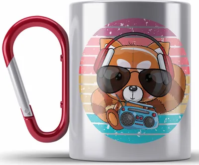 Produktbild von Trendation - Cooler Roter Panda Edelstahl Tasse Karabiner Musik Kinder Geschenkidee für Jungs Mädchen Lustige Grafik (Rot)