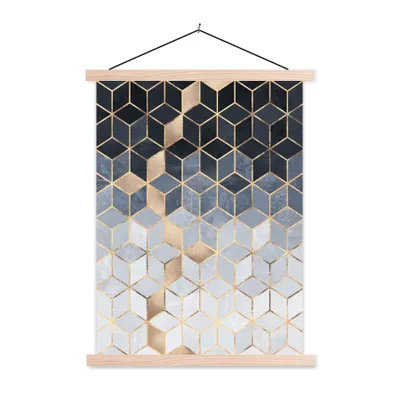 Produktbild von MuchoWow® Textilposter Würfel - Gold - Muster 120x160 cm mit holzfarbenen Rahmen - Plakatkarton